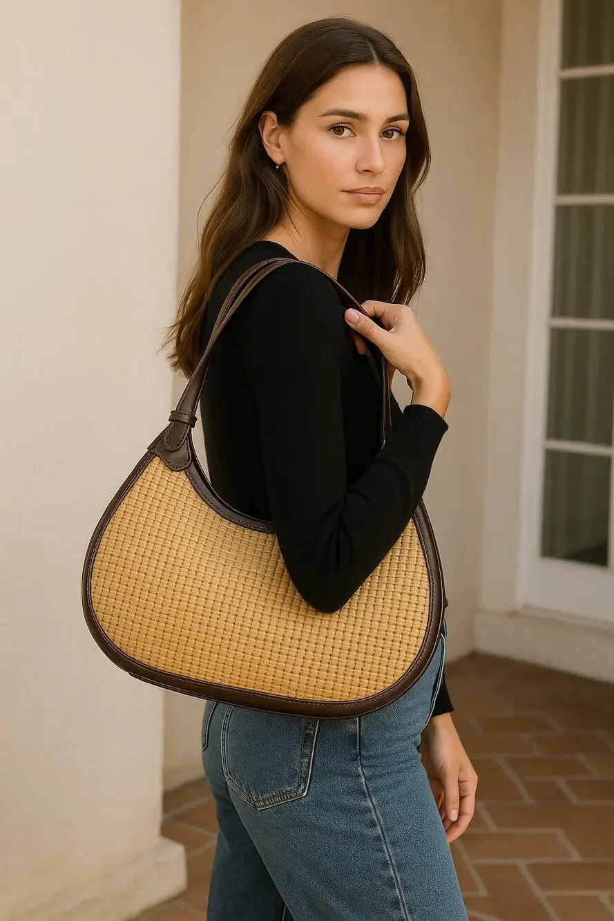 The Sak Tan Woven Crossbody Bag with Dark Brown Trim - Picture 1 of 12